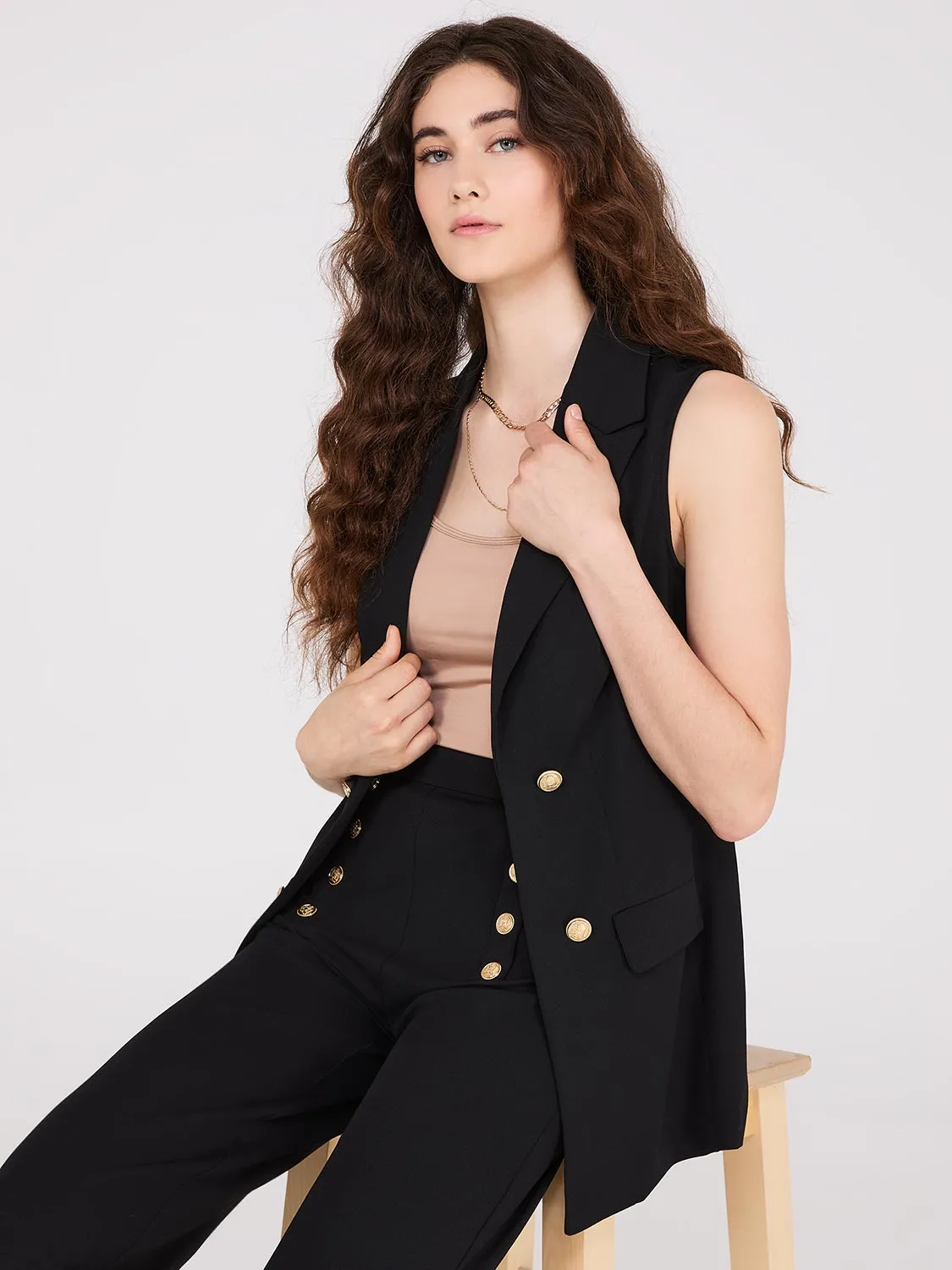 4-Button Sleeveless Open Blazer