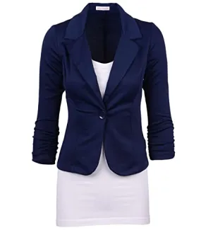 Auliné Collection Women's Casual Work Solid Color Knit Blazer Navy Blue Small