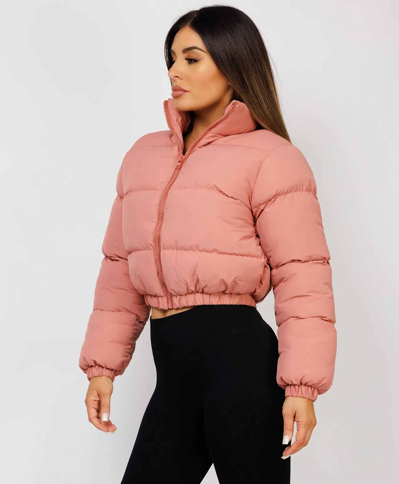 Baby Pink Solid Front Zipper Cropped Padded Puffer Jacket