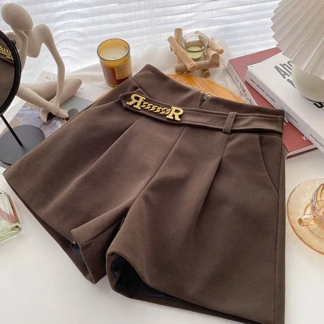 Casual Comfortable Elegant Shorts With Belt Women's Woolen Shorts