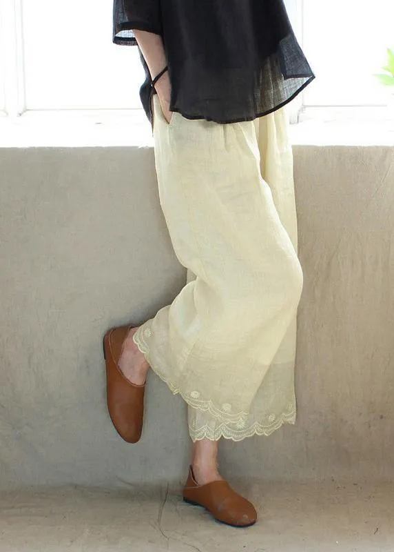 Chic Light Yellow Embroidery Trousers Thin Summer Elastic Waist Wardrobes Casual Pants