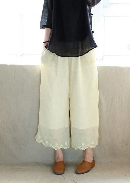 Chic Light Yellow Embroidery Trousers Thin Summer Elastic Waist Wardrobes Casual Pants