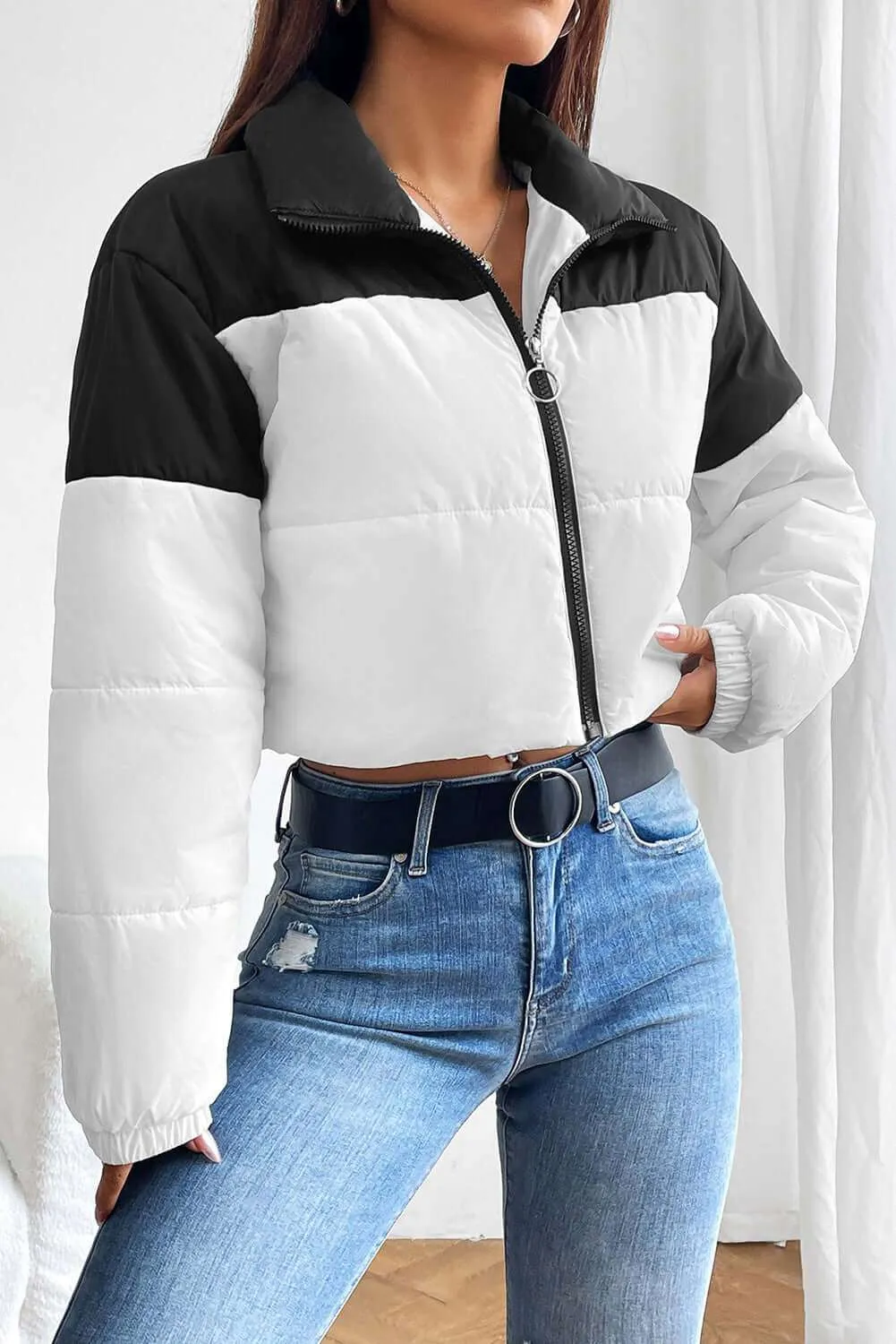 Collared Neck Color Block Puffer Jacket