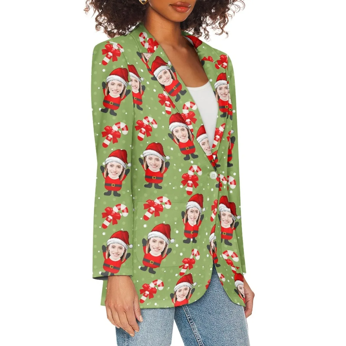 Custom Face Christmas Hat Green Women's Blazers Personalized Jacket Casual Coats