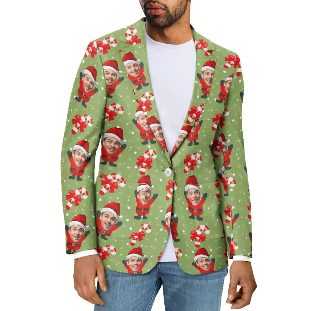 Custom Face Christmas Hat Green Women's Blazers Personalized Jacket Casual Coats