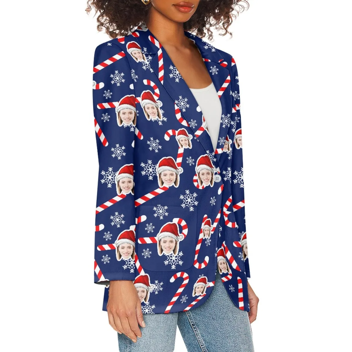 Custom Face Deep Blue Christmas Women's Blazers Personalized Jacket Casual Coats