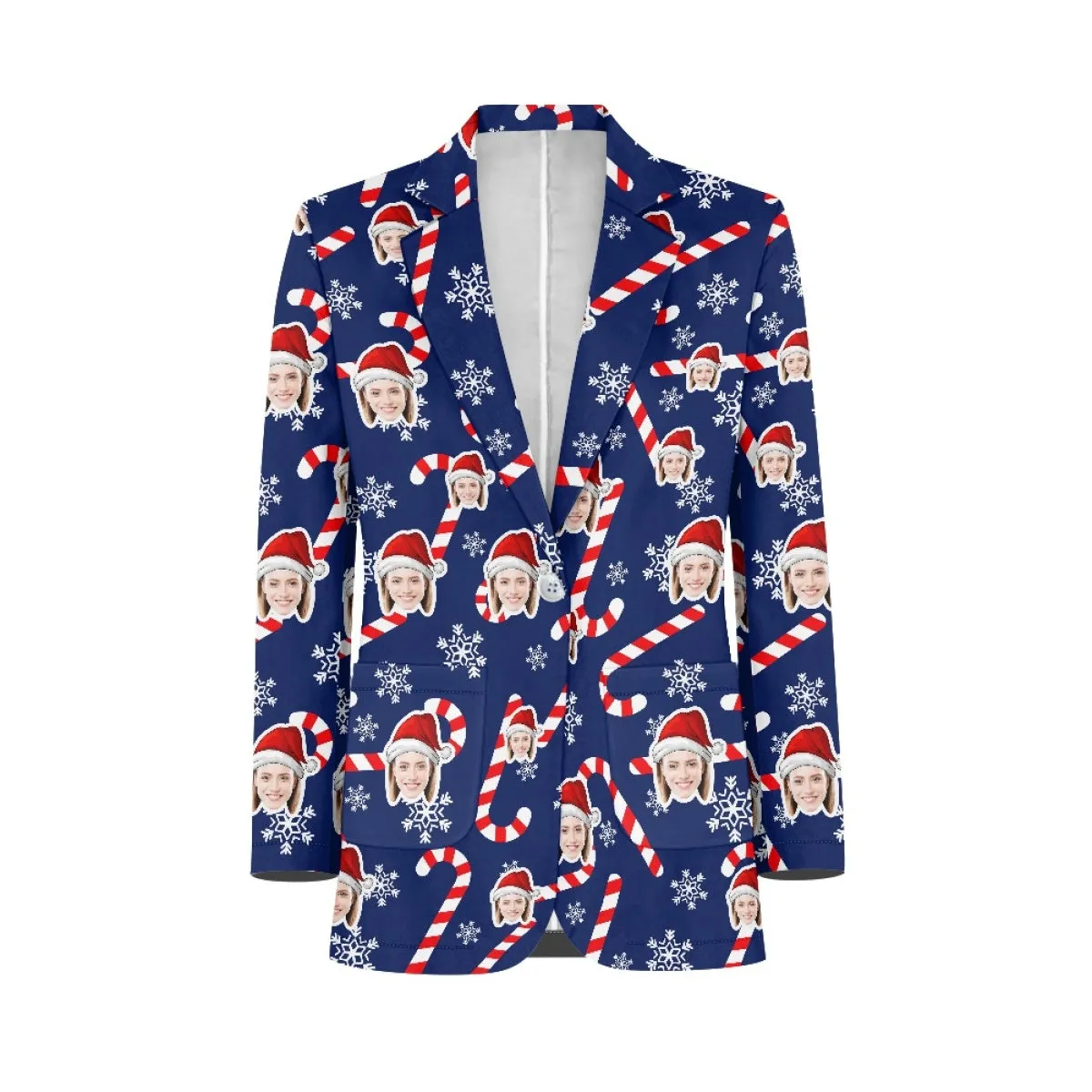 Custom Face Deep Blue Christmas Women's Blazers Personalized Jacket Casual Coats