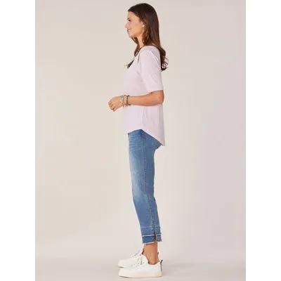 Democracy Elbow Sleeve Top with Embroidered Stitch Trim