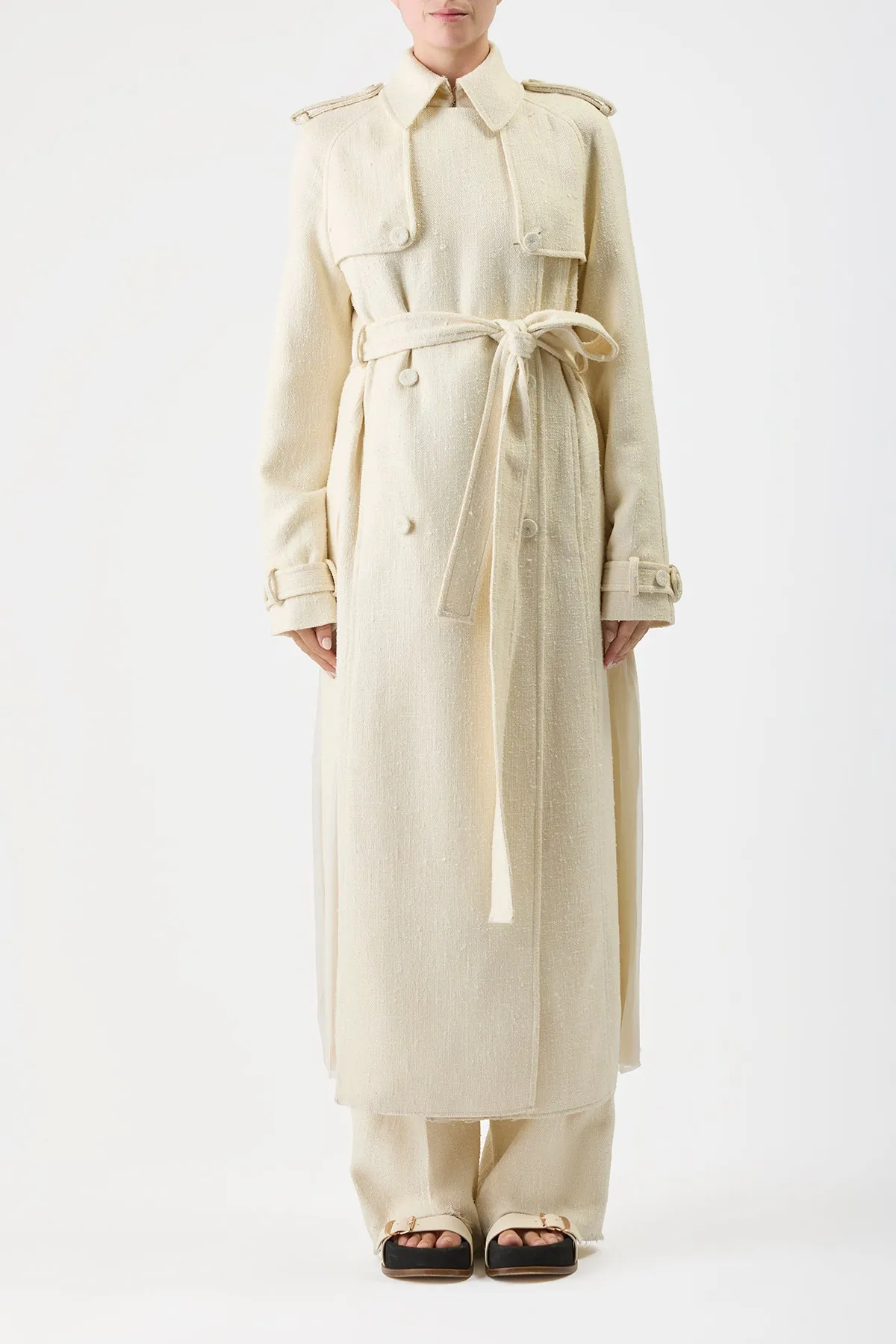 Eithne Trench Coat in Ivory Silk Virgin Wool Slub