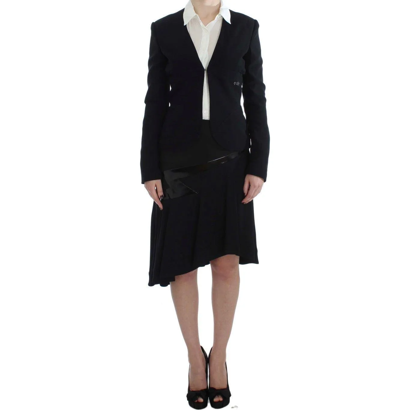 Exte Elegant Two-Piece Skirt Suit in Black & Blue