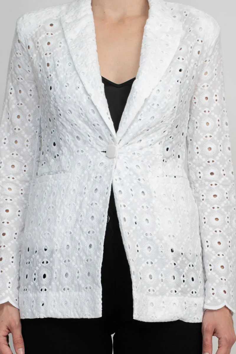 Industry Lapel Collar Long Sleeve One Button Closure Eyelet Lace Blazer