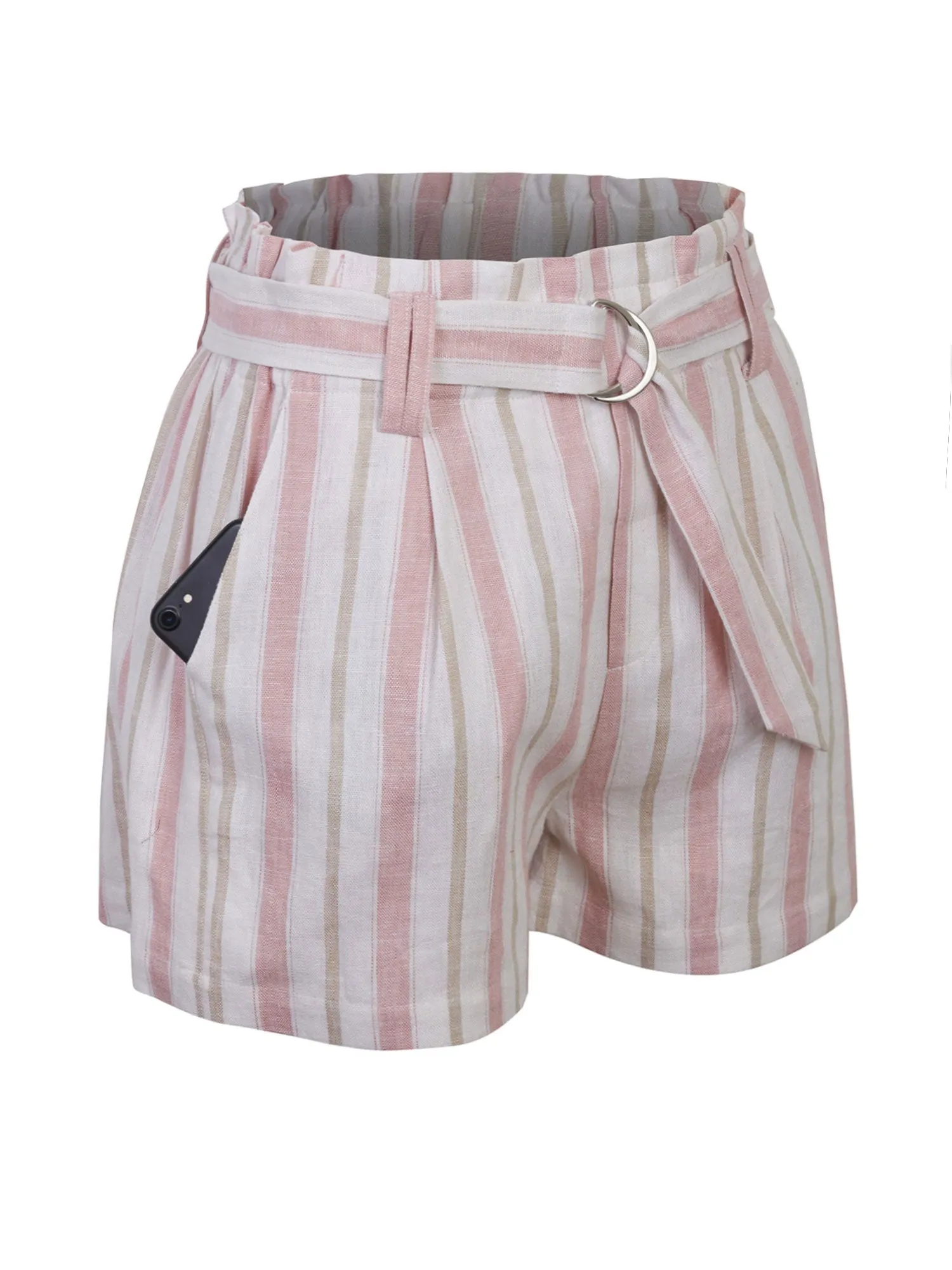 KOGMO Women's Casual Multi Color Striped Summer Beach Linen Shorts With Belt