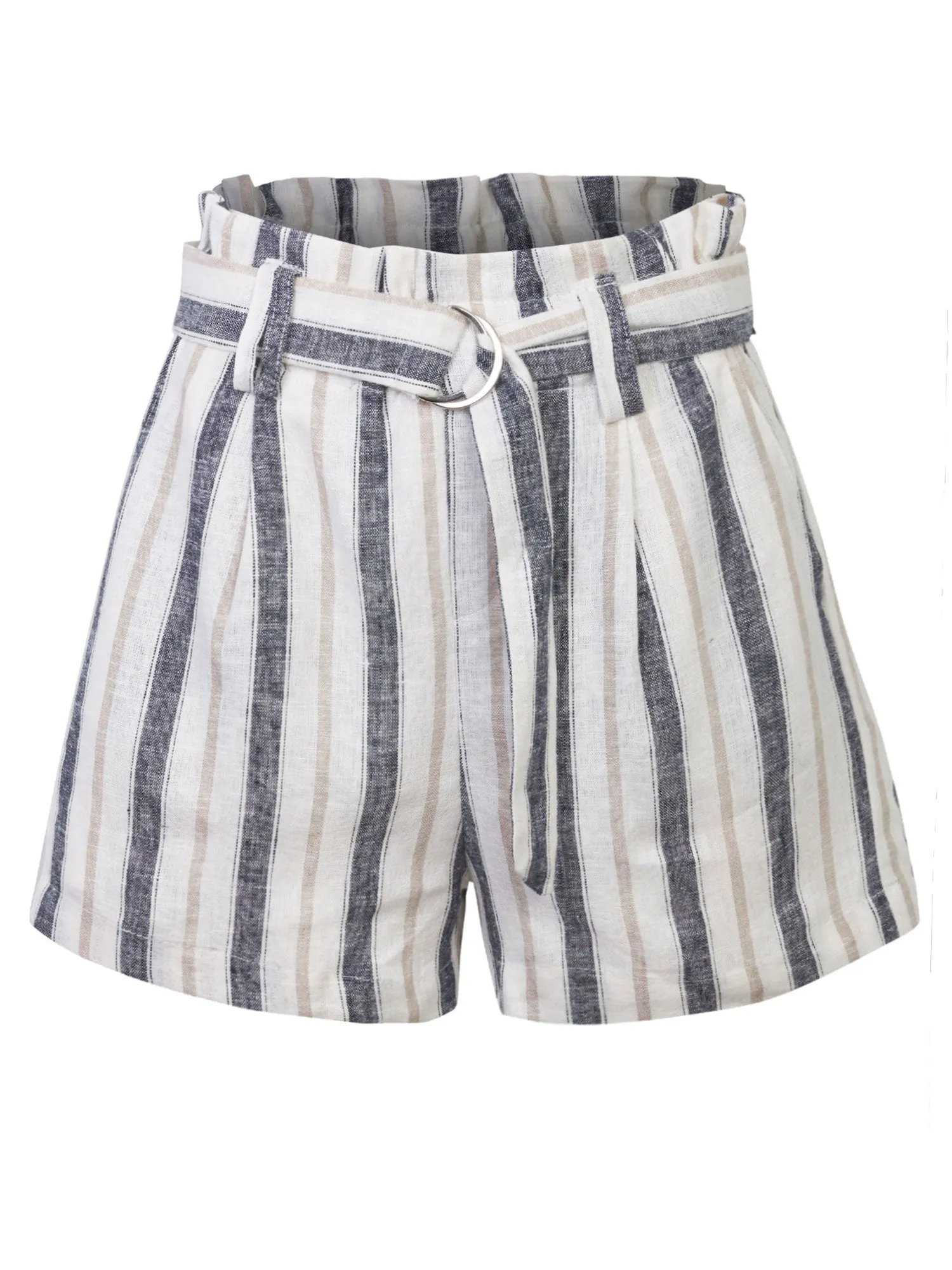 KOGMO Women's Casual Multi Color Striped Summer Beach Linen Shorts With Belt