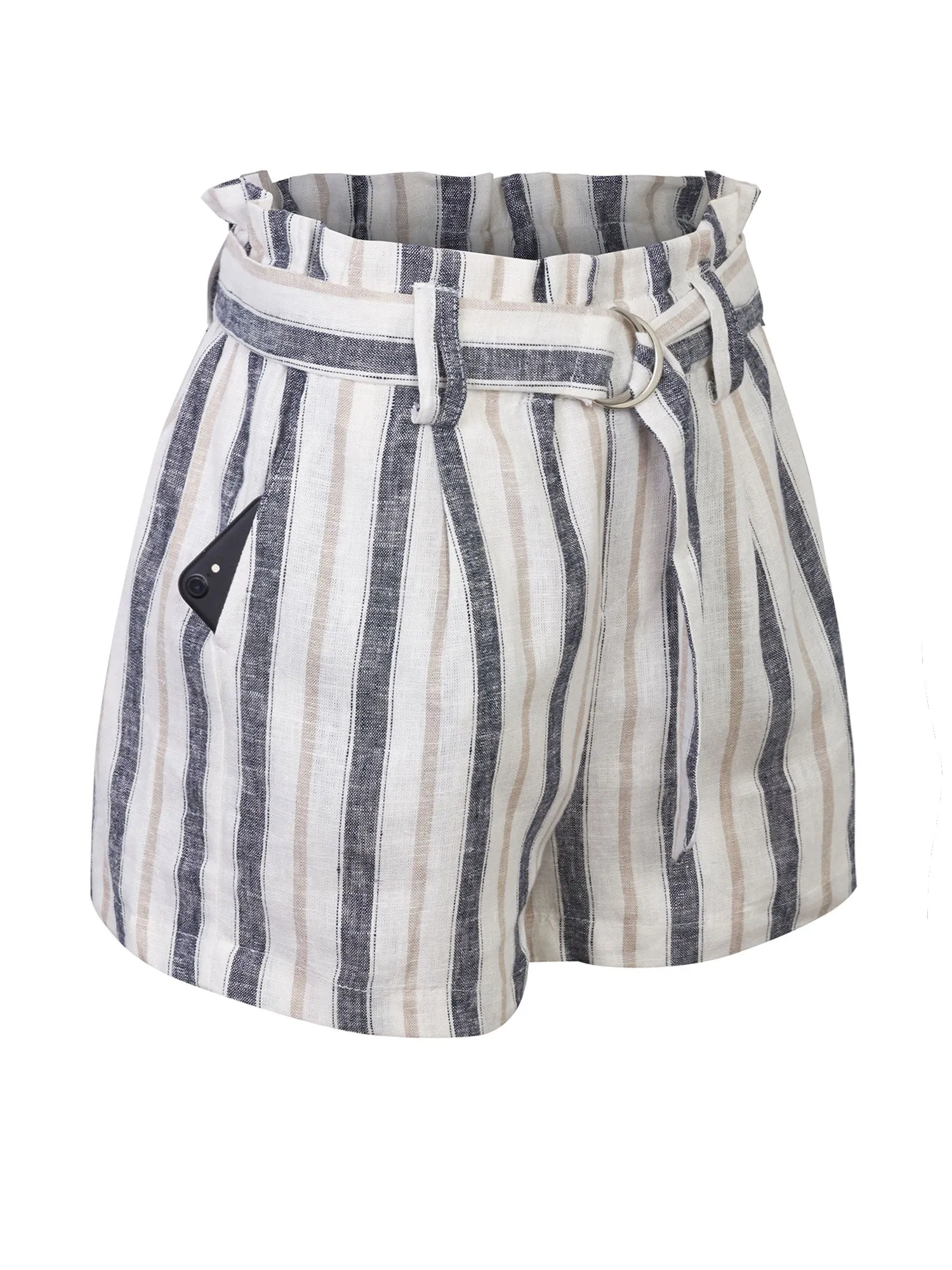 KOGMO Women's Casual Multi Color Striped Summer Beach Linen Shorts With Belt