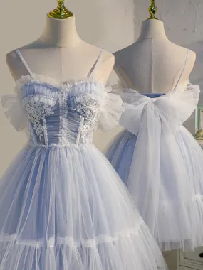 Light Blue Tulle with Beaded Short Homecoming Dresses, Blue Short Prom Dresses