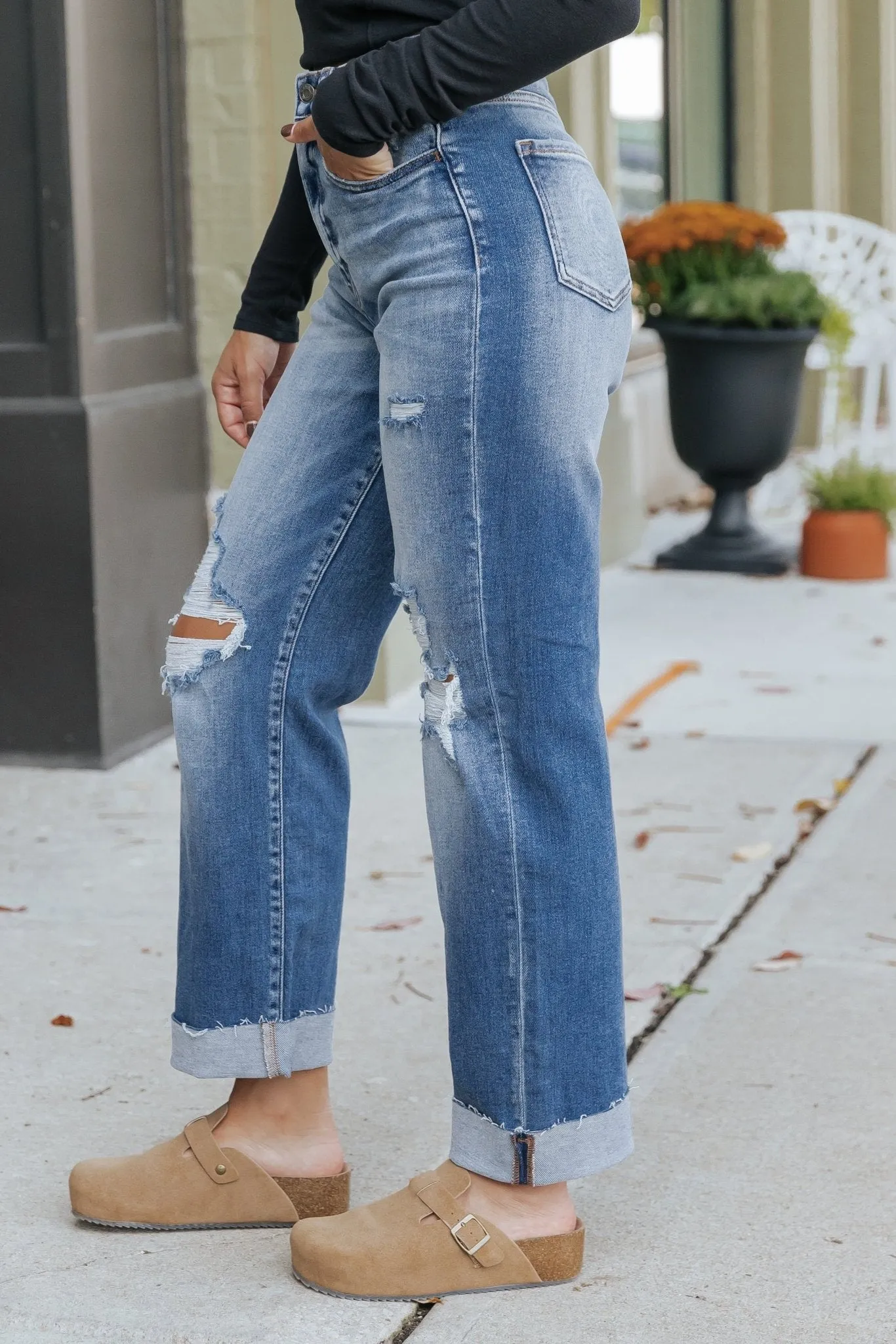 Medium Wash High Rise Cuffed Dad Jeans