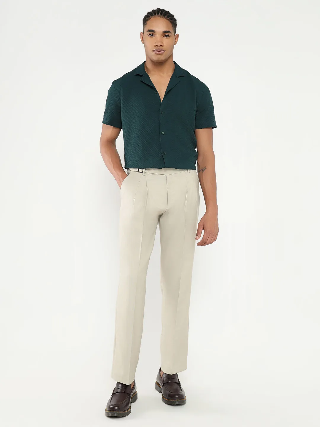 Men Cream Solid Formal Trousers