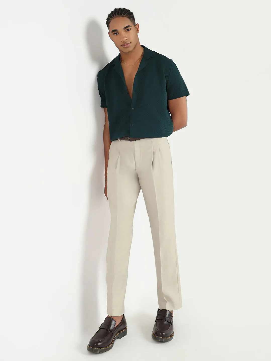 Men Cream Solid Formal Trousers