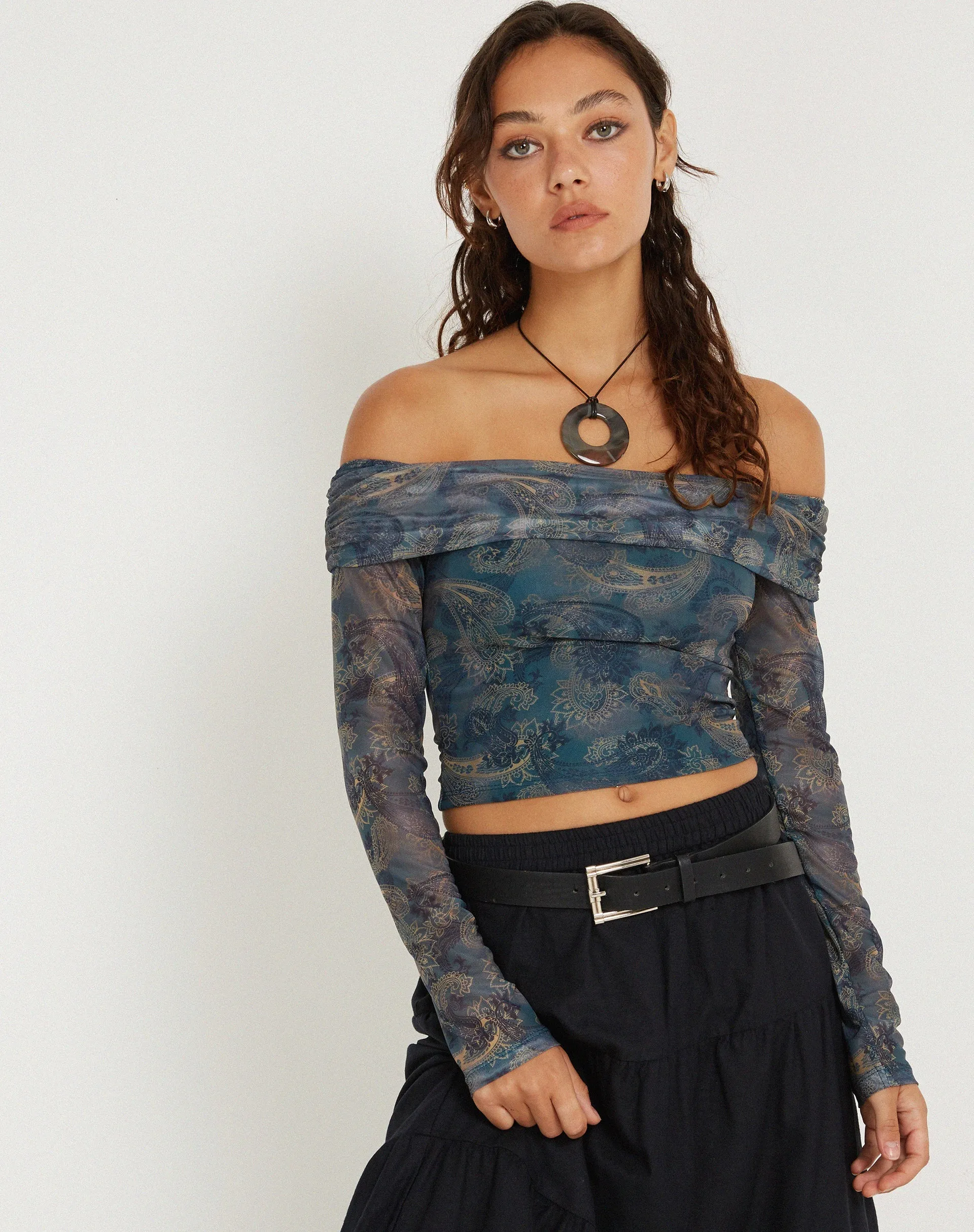 Nagini Long Sleeve Bardot Top in Tonal Blue Paisley