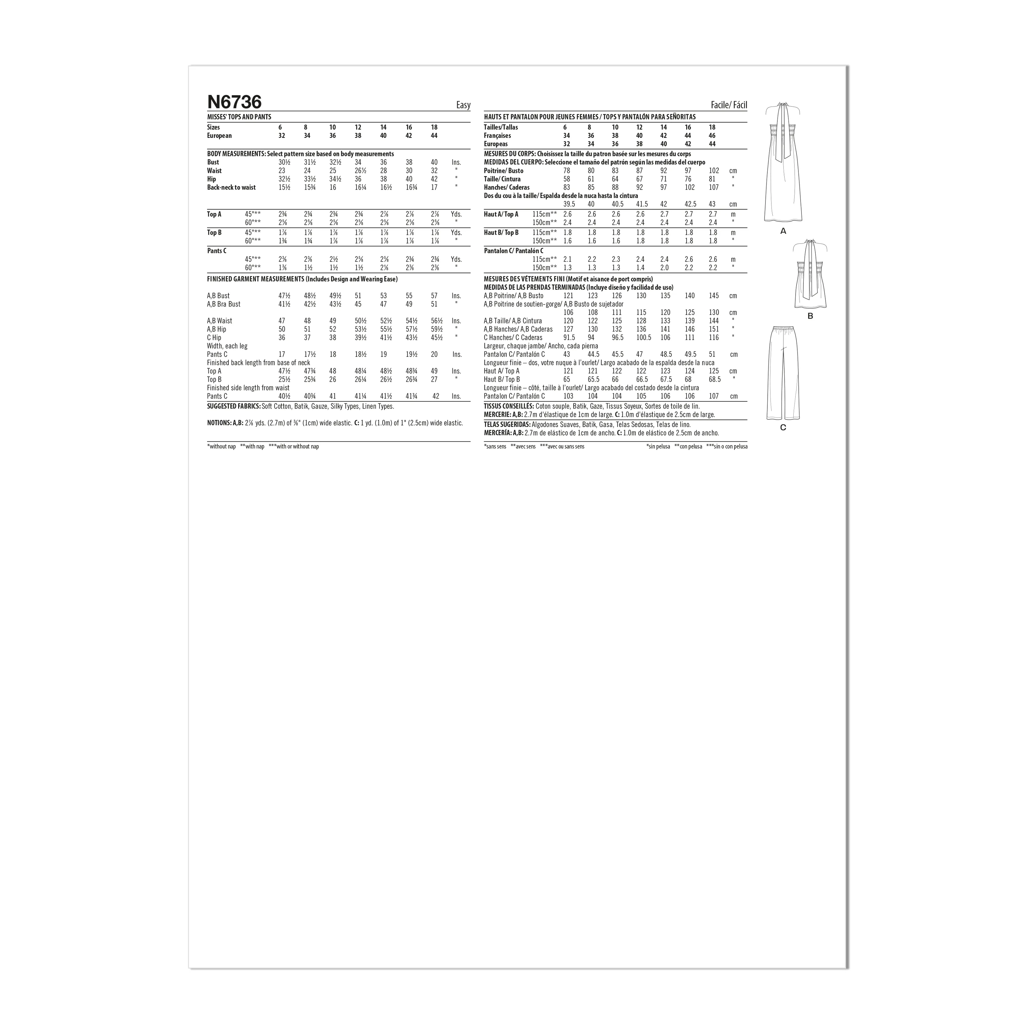 Newlook Pattern 6736 Misses' Tops and Pants