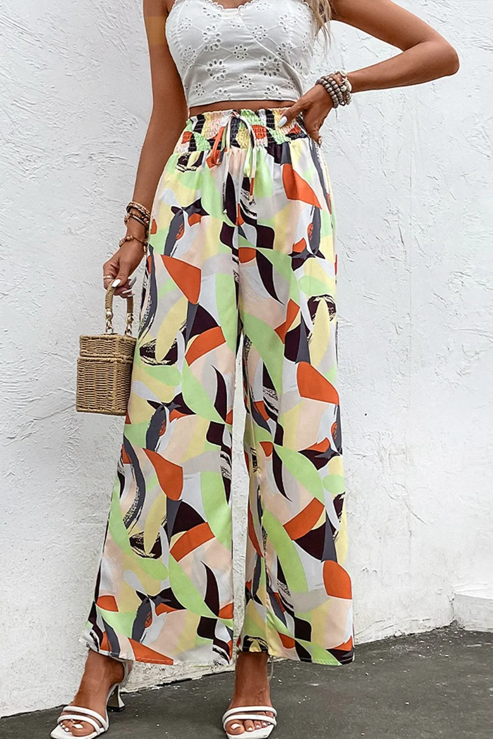 Printed Smocked Waist Wide Leg Pants