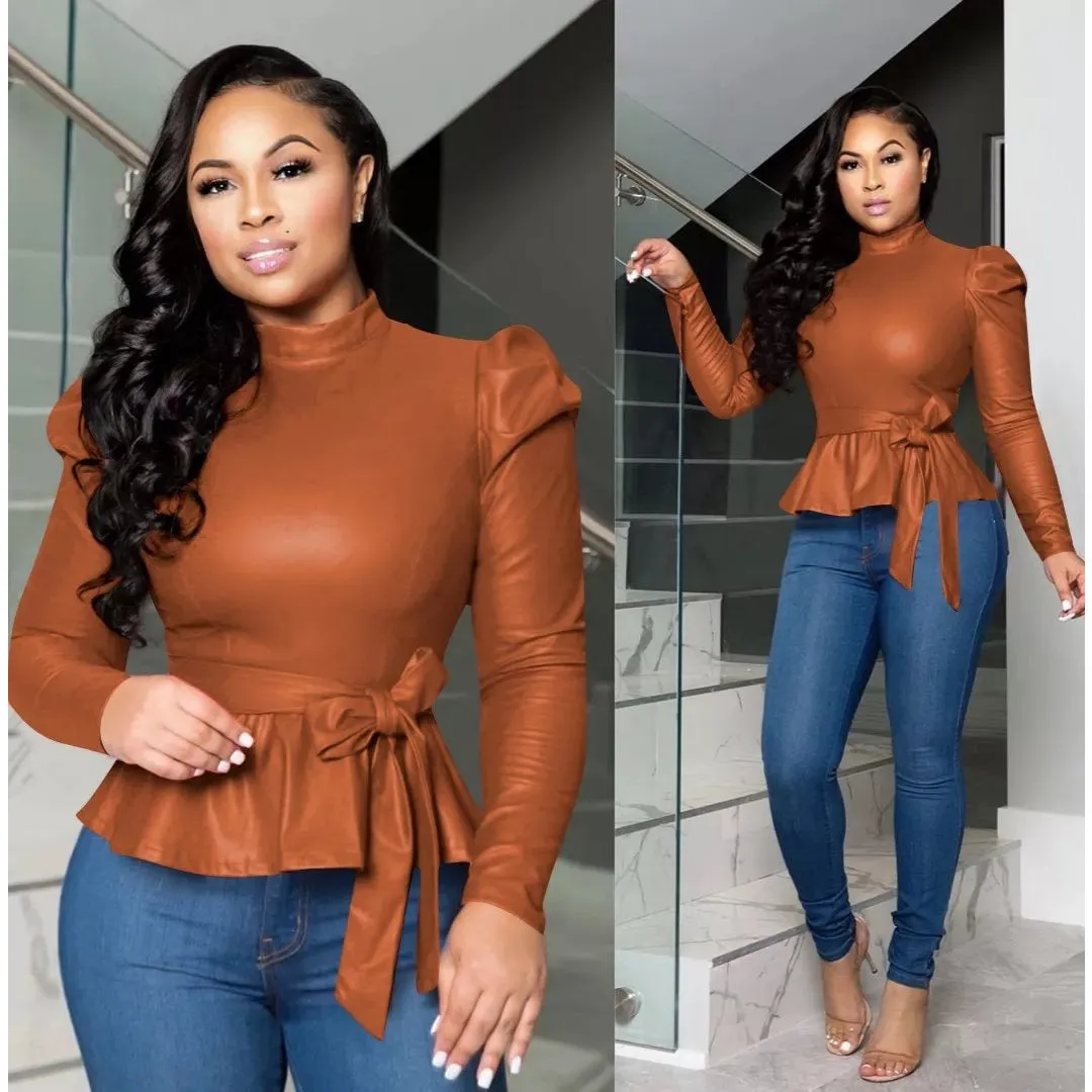 PU Leather Long Sleeve Ruffle Tops