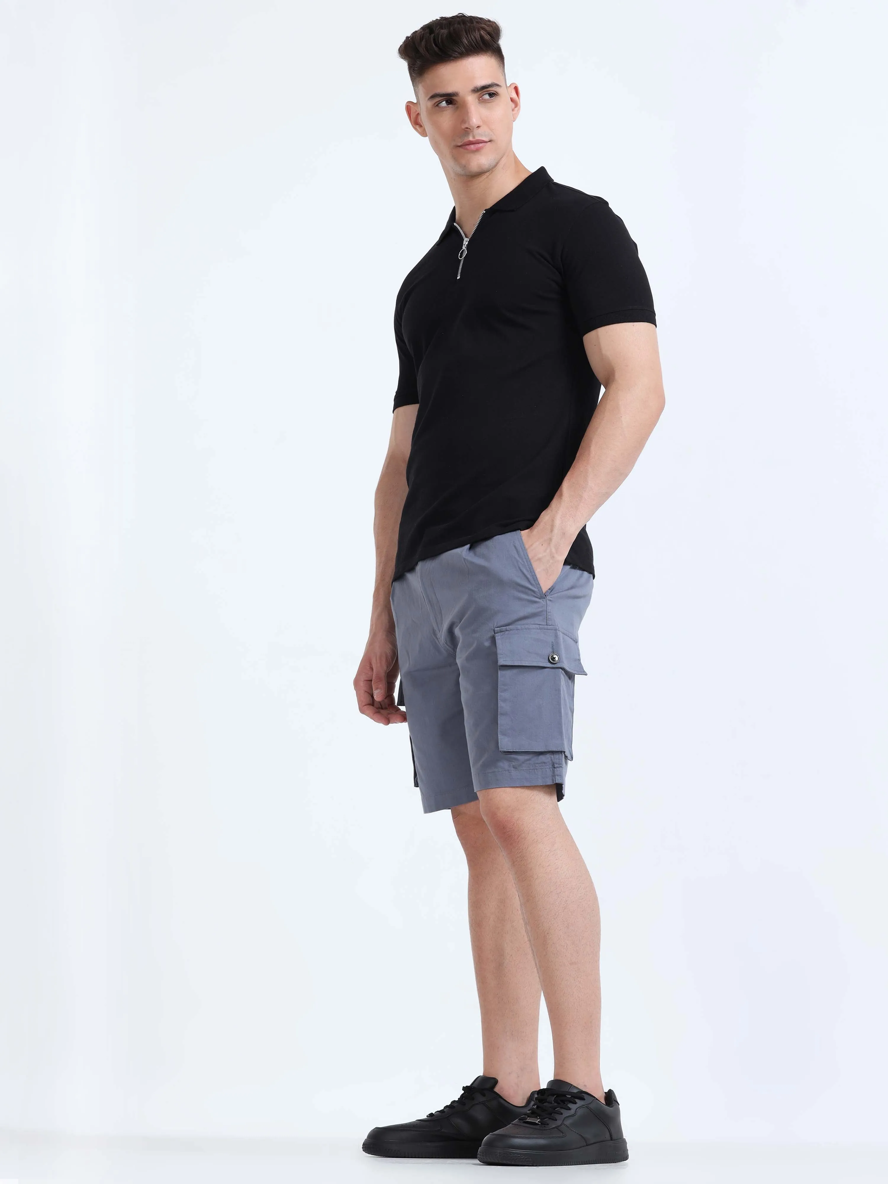 Soft Cotton Pleated Stone Blue Cargo Shorts