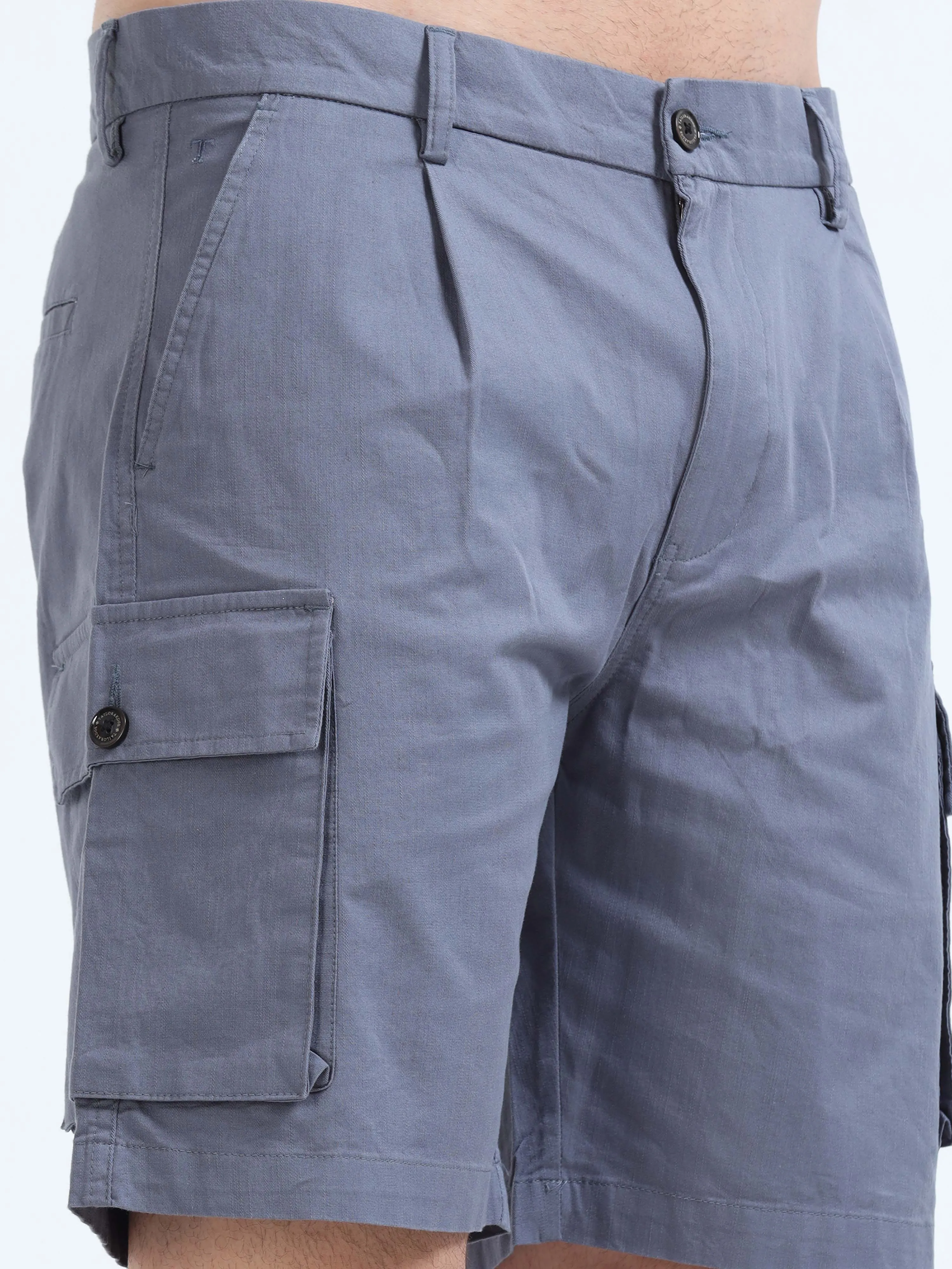 Soft Cotton Pleated Stone Blue Cargo Shorts